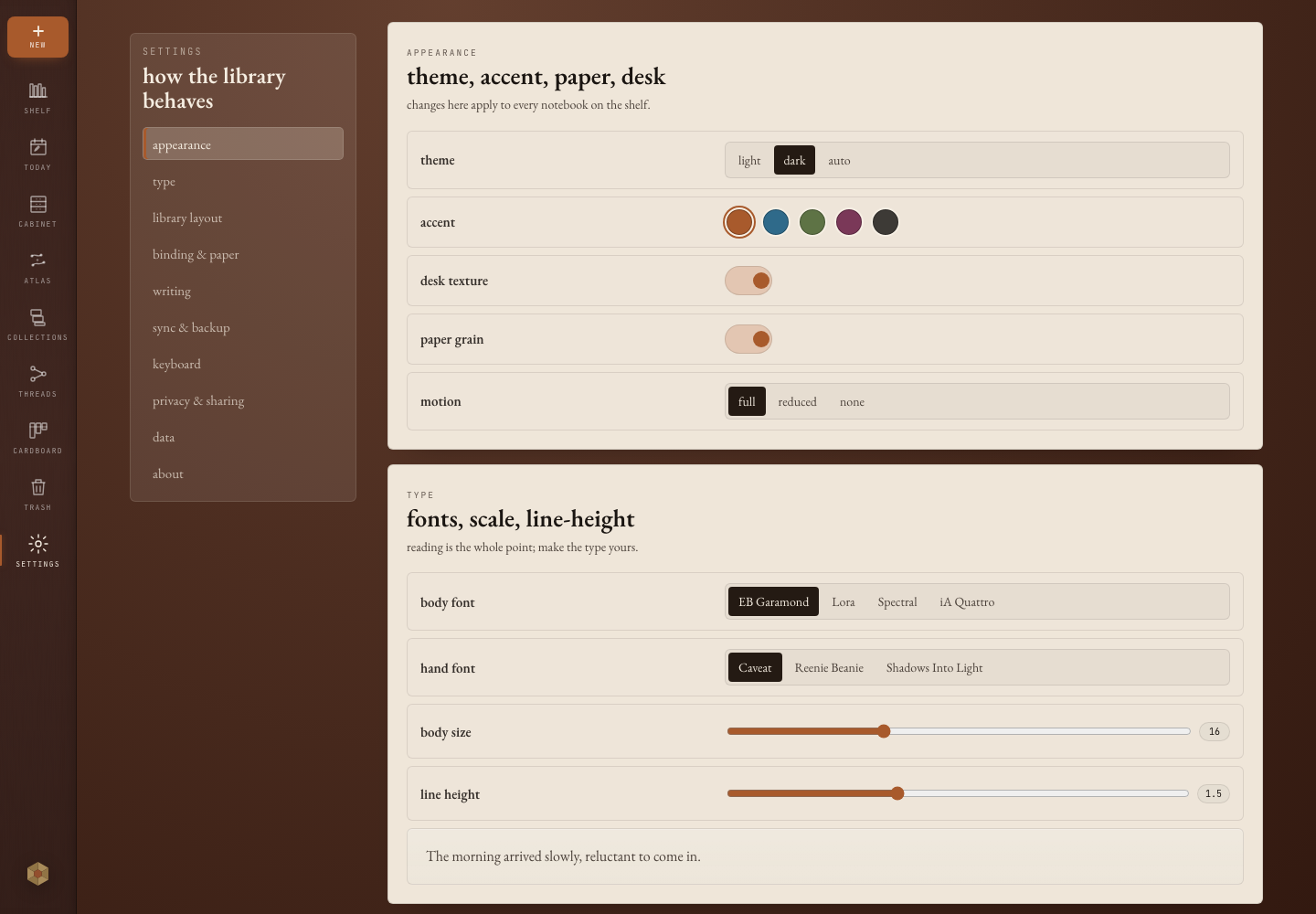 Onnoir settings showing local backups, export, privacy, and appearance controls